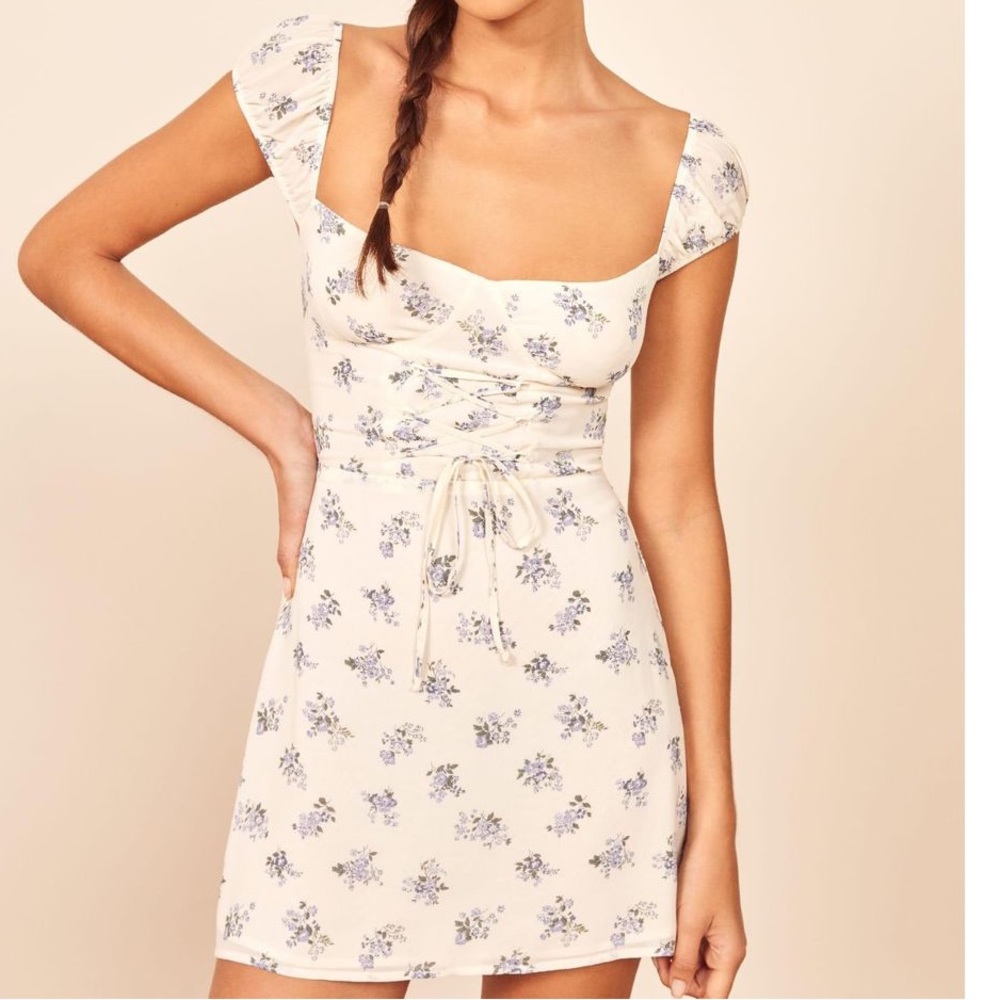 Reformation Jess lace up front floral mini dress
